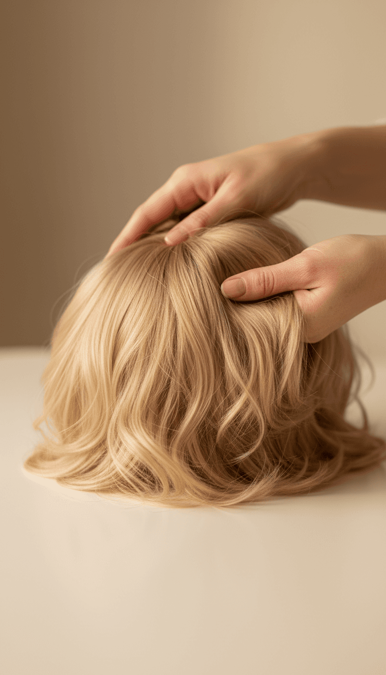 Hands gently holding a wig on a clean cream surface