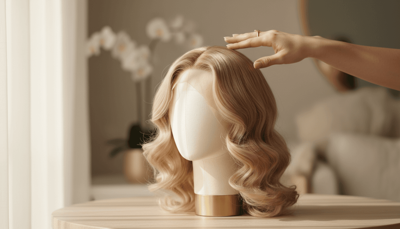 Hand placing a wig on a mannequin head for cleaning