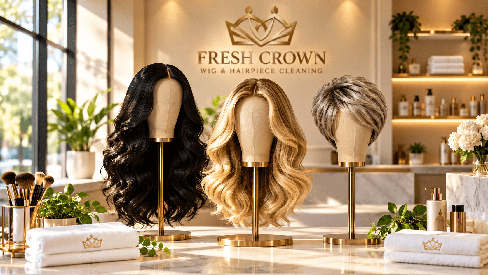 Three styled wigs on stands in a luxury salon called Fresh Crown Wig Cleaning.